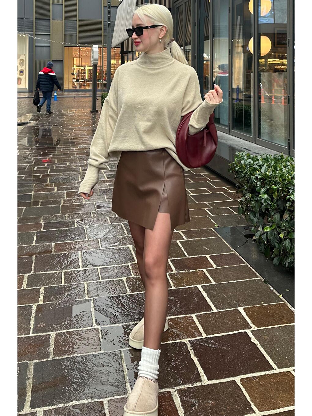 Kahverengi Mini Boy Kadın Deri Etek Mg2298-4