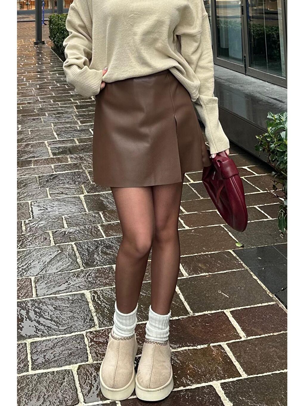 Kahverengi Mini Boy Kadın Deri Etek Mg2298-5