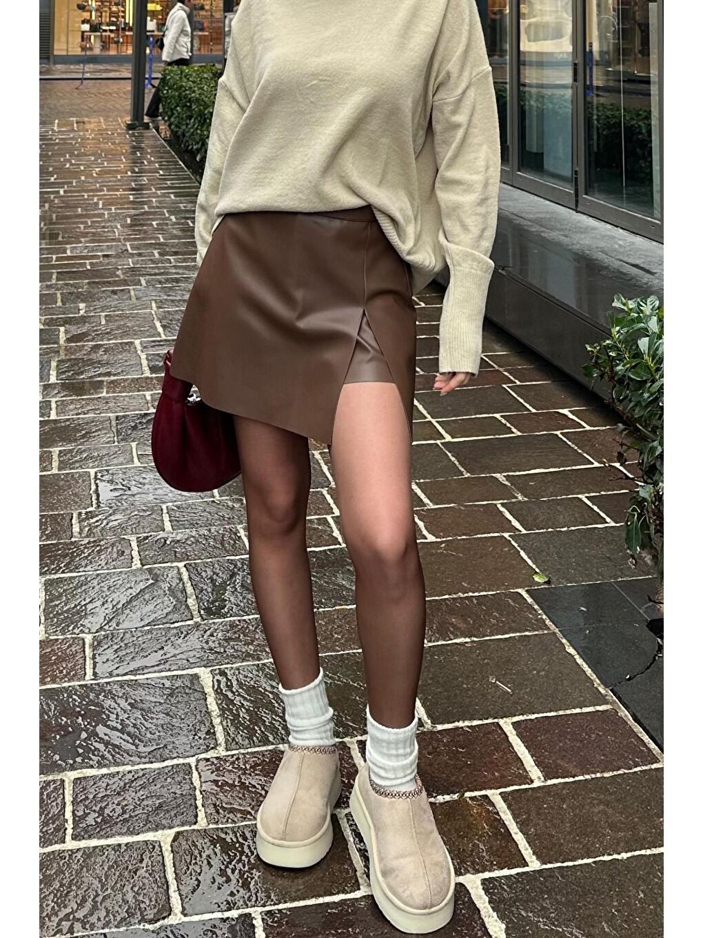 Kahverengi Mini Boy Kadın Deri Etek Mg2298-6