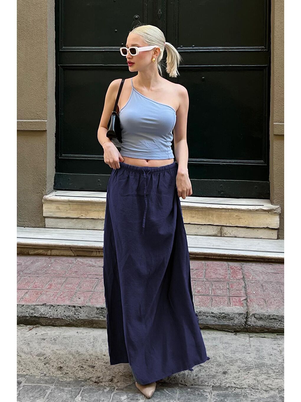 Lacivert Beli Lastikli Uzun Kadın Etek Mg1979