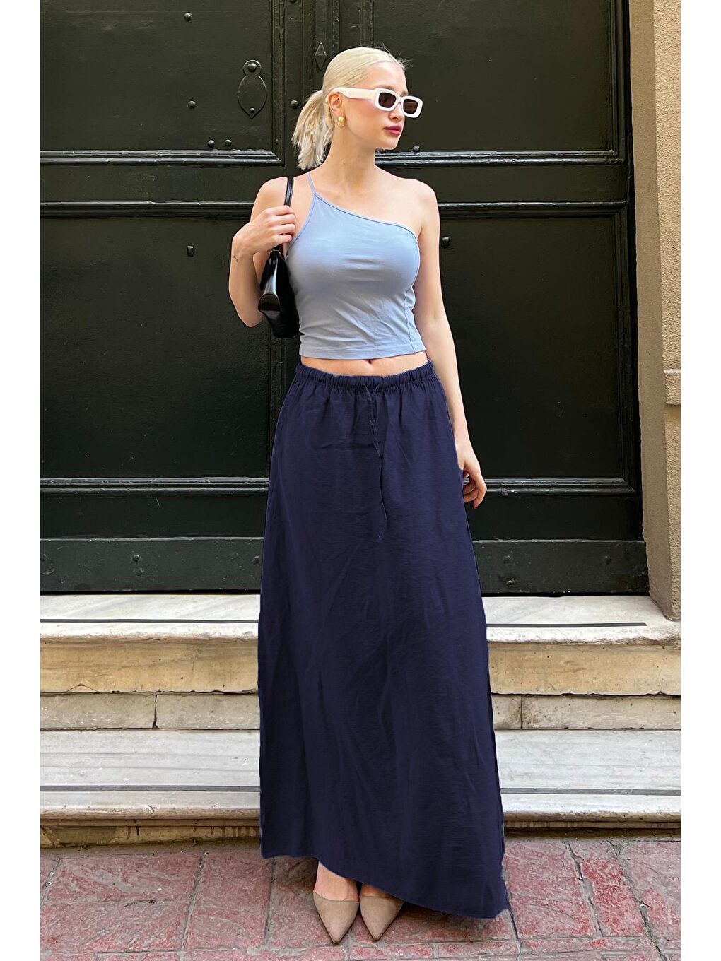 Lacivert Beli Lastikli Uzun Kadın Etek Mg1979-1