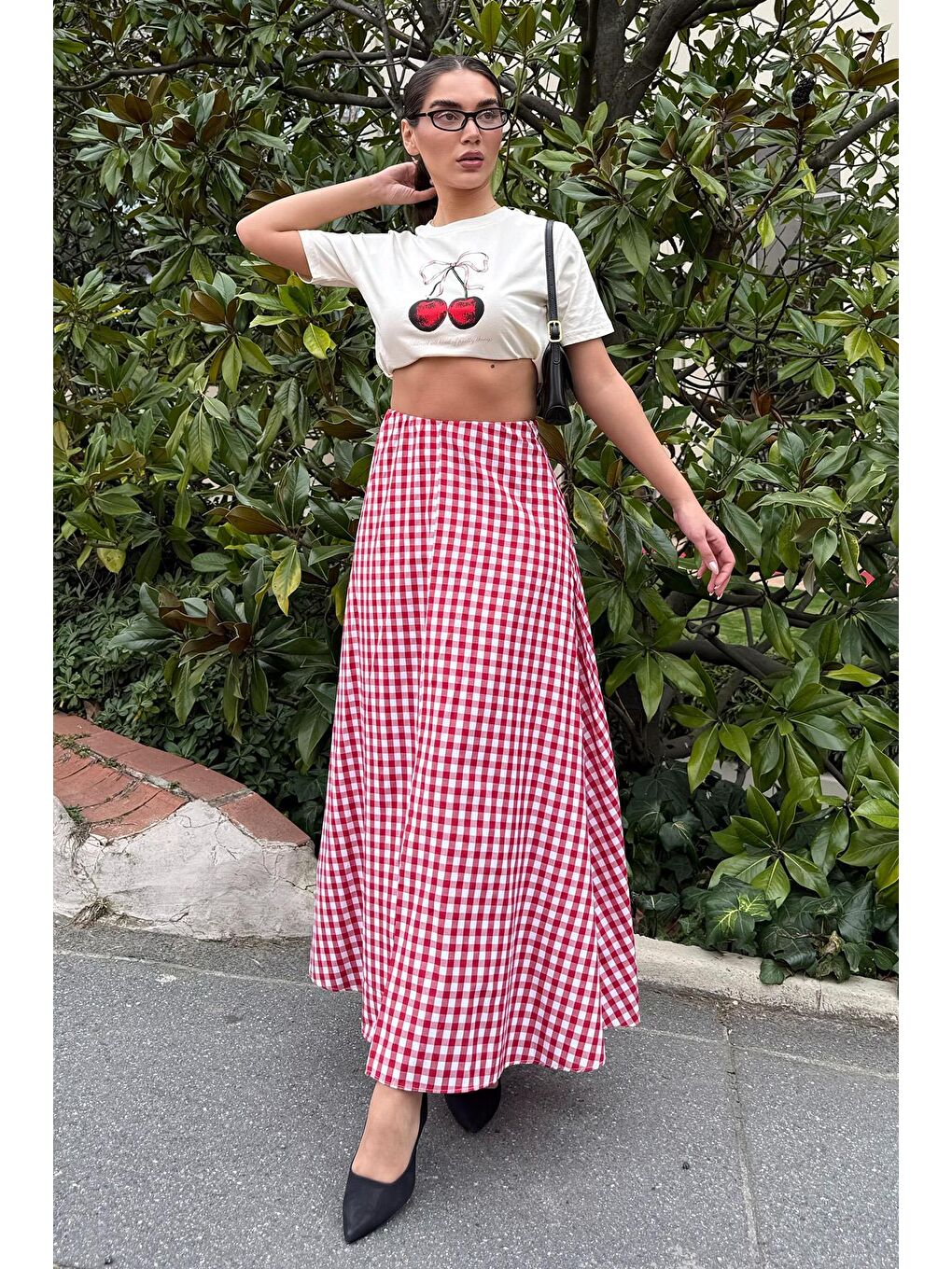 Kırmızı Pötikareli Midi Boy Kadın Etek Mg2360