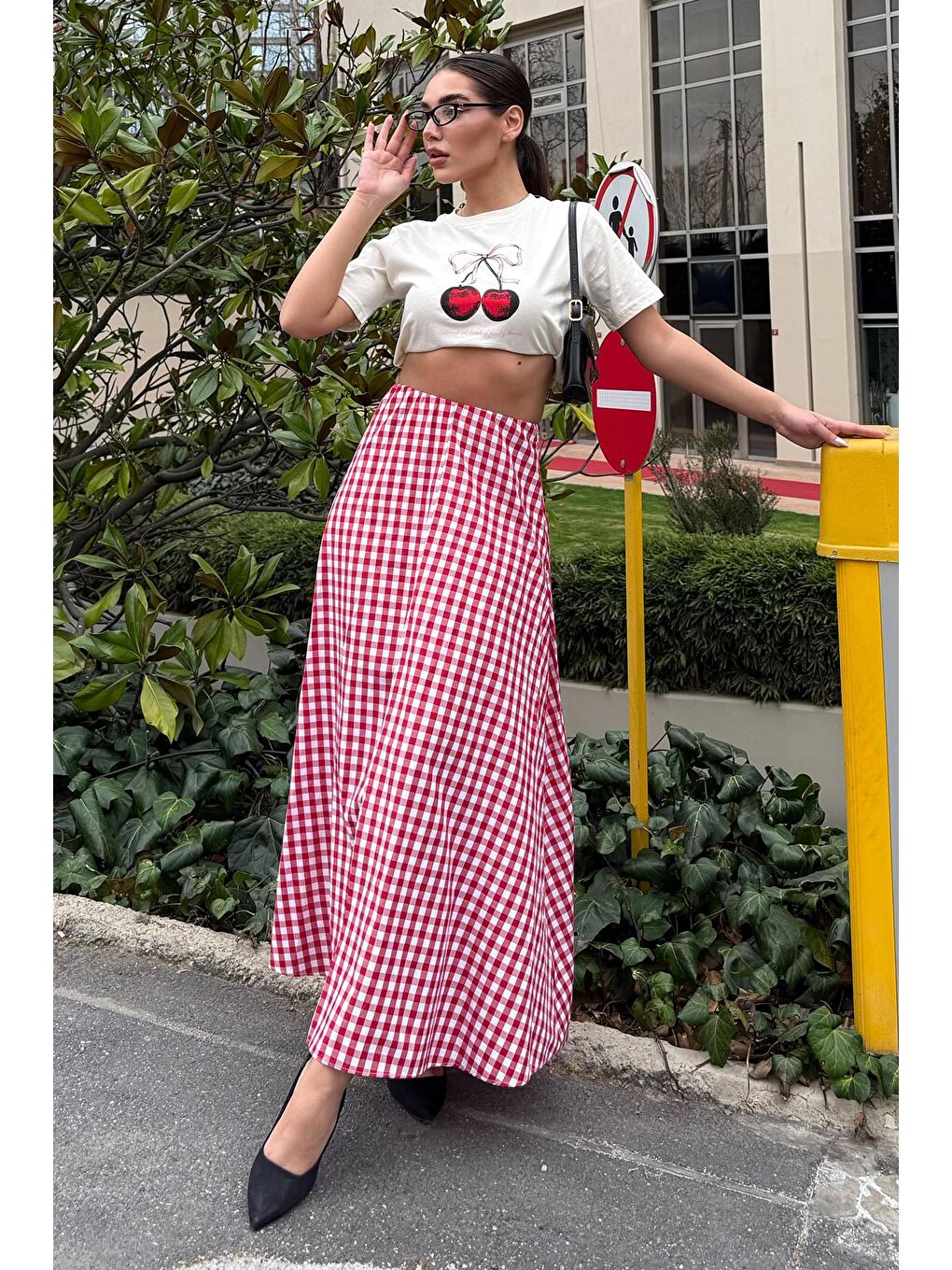 Kırmızı Pötikareli Midi Boy Kadın Etek Mg2360-1