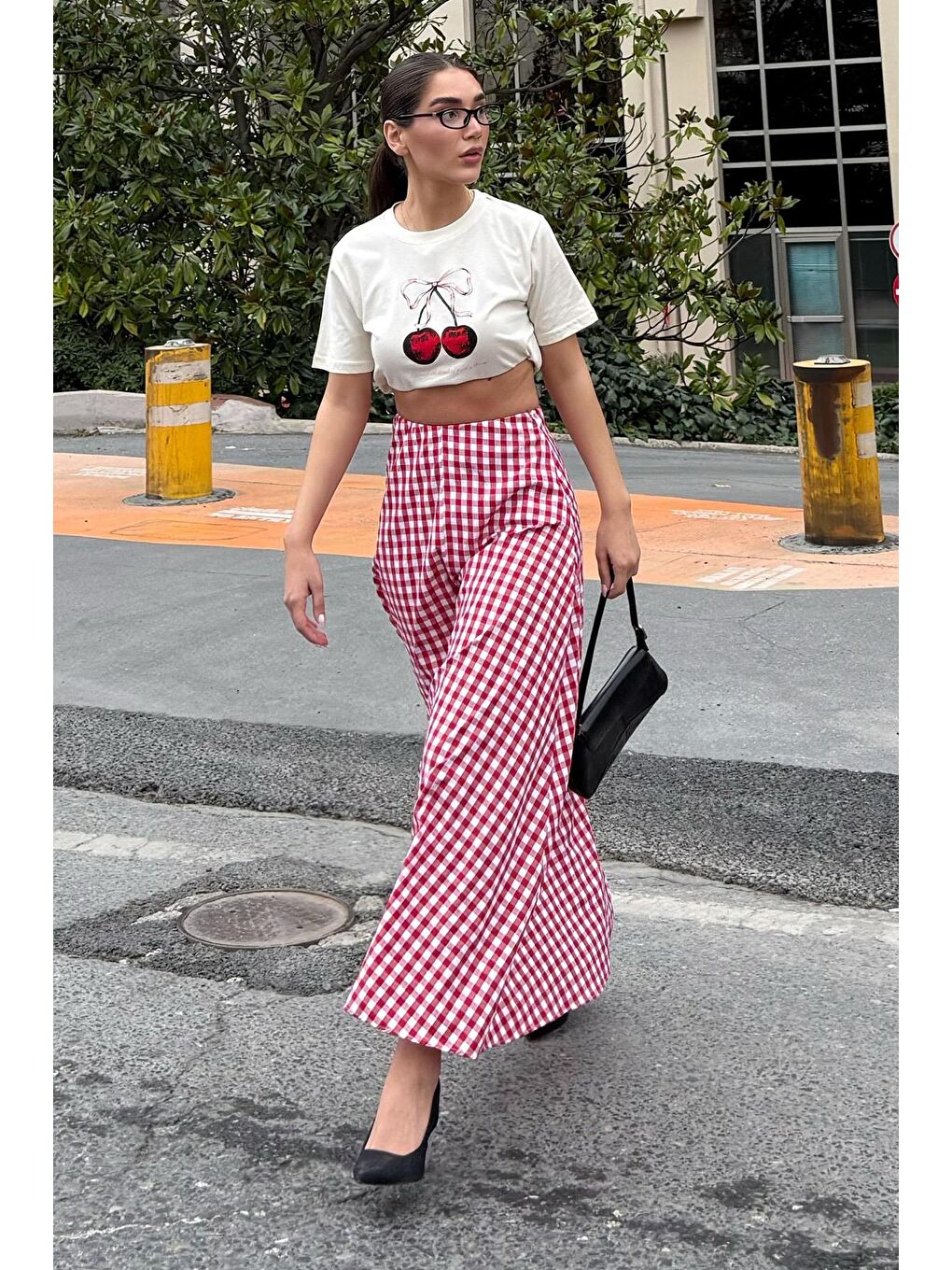 Kırmızı Pötikareli Midi Boy Kadın Etek Mg2360-3