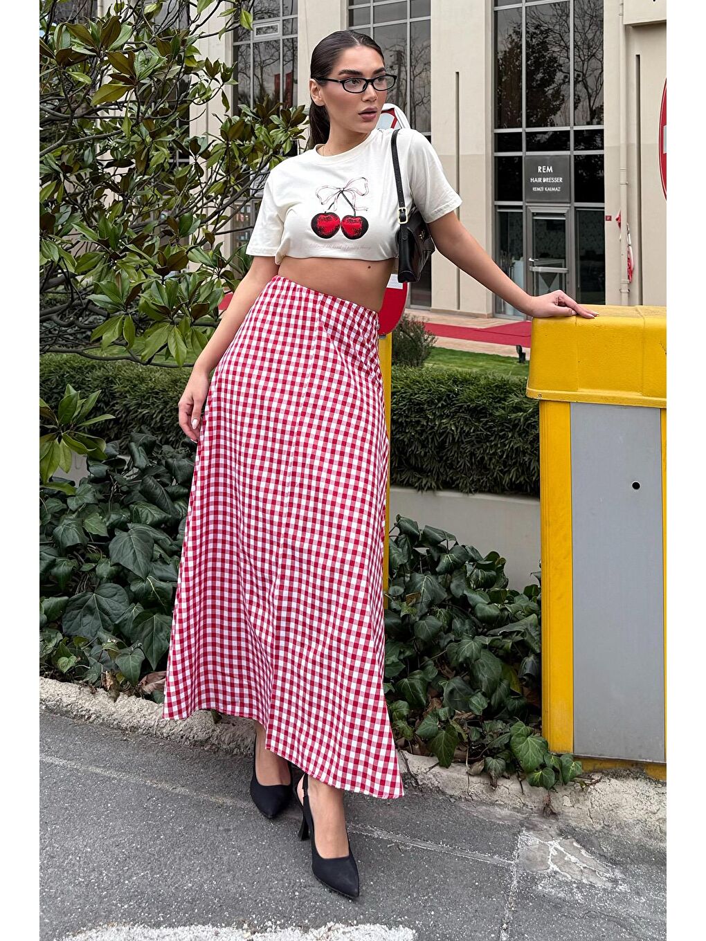 Kırmızı Pötikareli Midi Boy Kadın Etek Mg2360-4