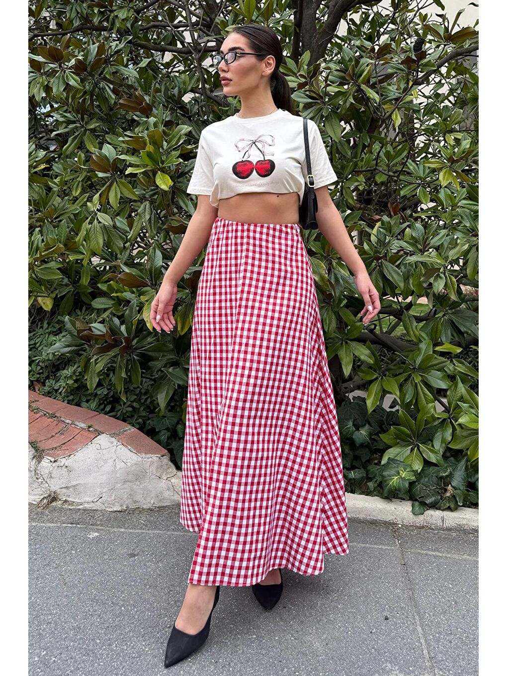 Kırmızı Pötikareli Midi Boy Kadın Etek Mg2360-5