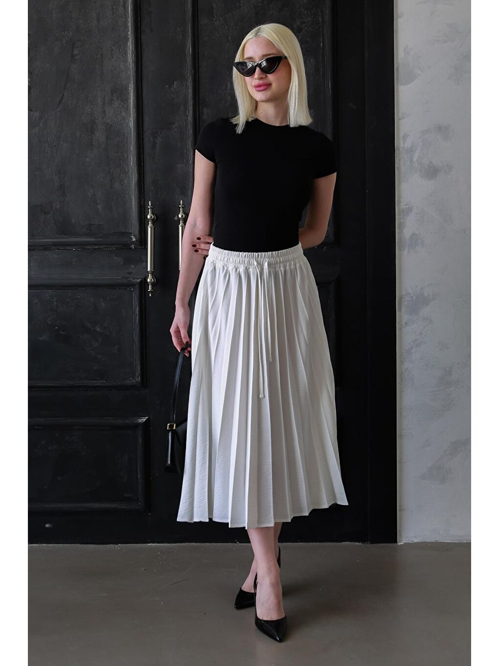 Ekru Pileli Midi Boy Kadın Etek Mg2393