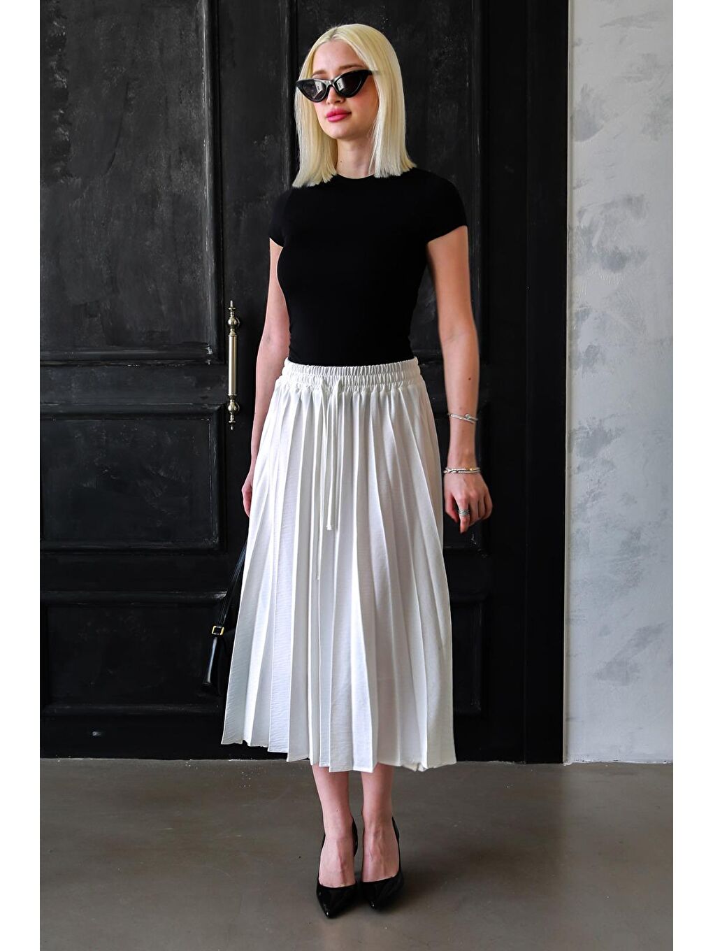 Ekru Pileli Midi Boy Kadın Etek Mg2393-1