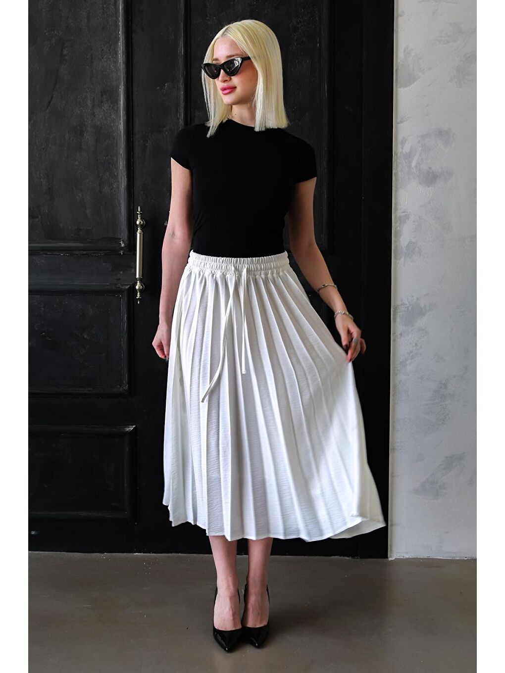 Ekru Pileli Midi Boy Kadın Etek Mg2393-2