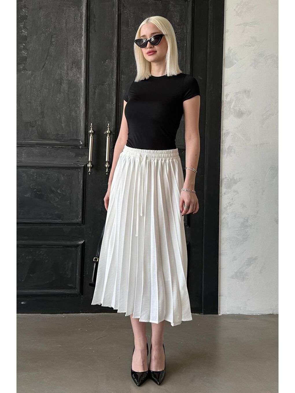 Ekru Pileli Midi Boy Kadın Etek Mg2393-3
