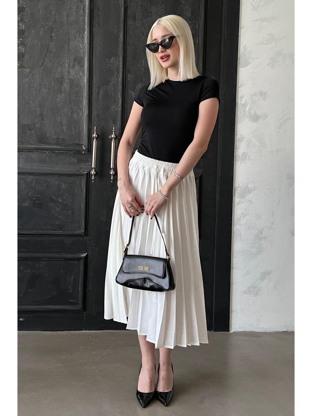 Ekru Pileli Midi Boy Kadın Etek Mg2393-4