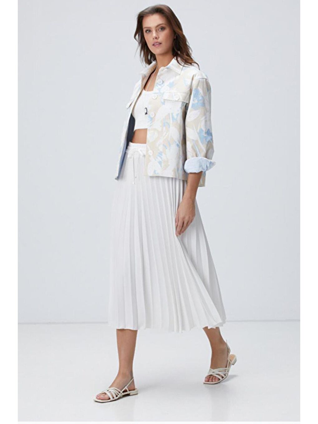 Ekru Pileli Midi Boy Kadın Etek Mg2393-5