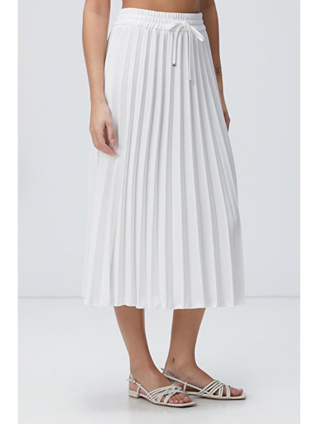 Ekru Pileli Midi Boy Kadın Etek Mg2393-6