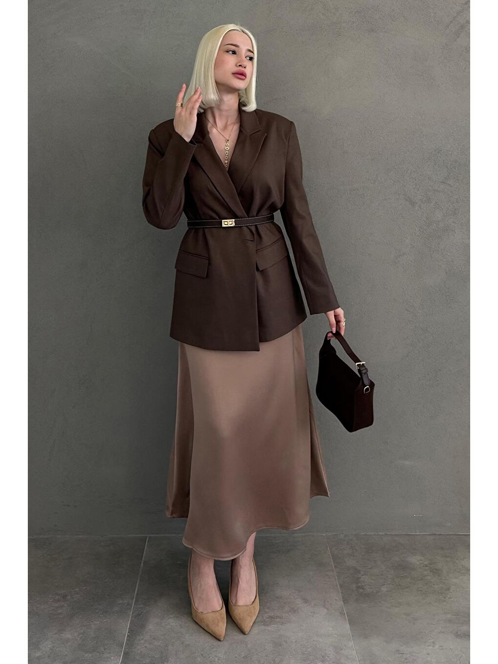 Bej Vizon Midi Boy Kadın Saten Etek Mg1409