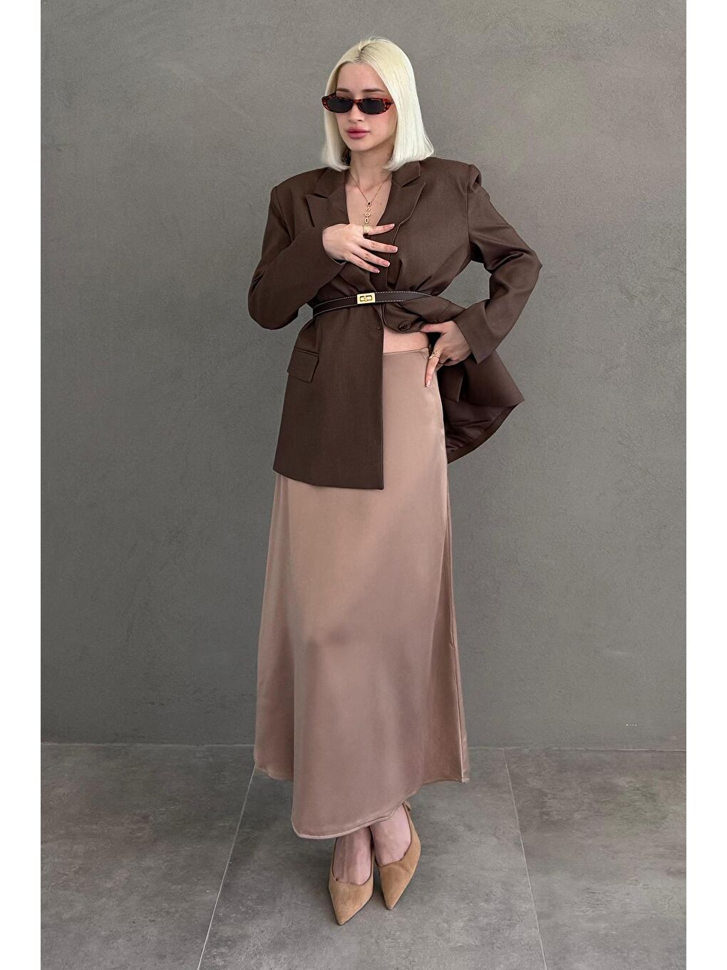 Bej Vizon Midi Boy Kadın Saten Etek Mg1409-1