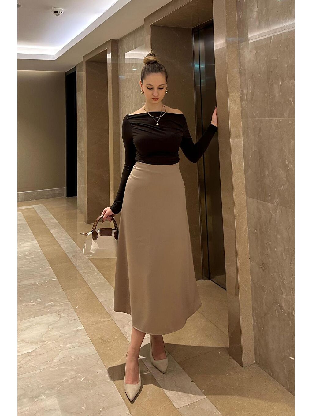 Bej Vizon Midi Boy Kadın Saten Etek Mg1409-7