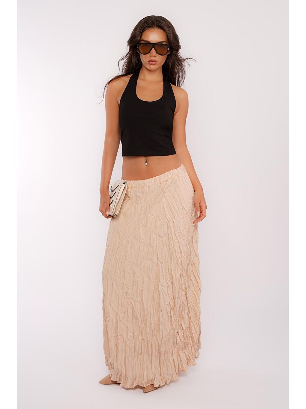 Bej Kırışık Desen Midi Boy Kadın Etek Mg2266