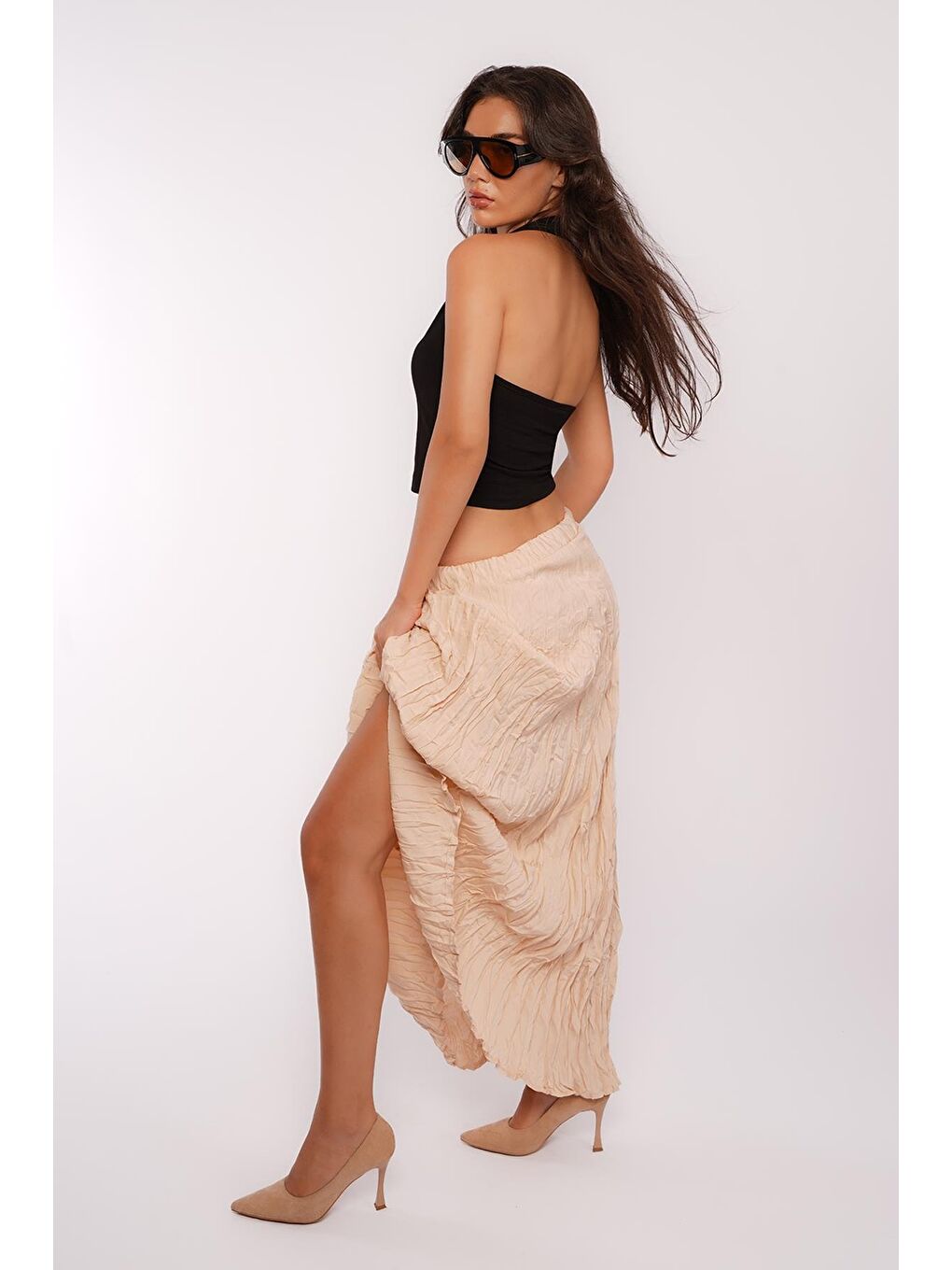 Bej Kırışık Desen Midi Boy Kadın Etek Mg2266-1