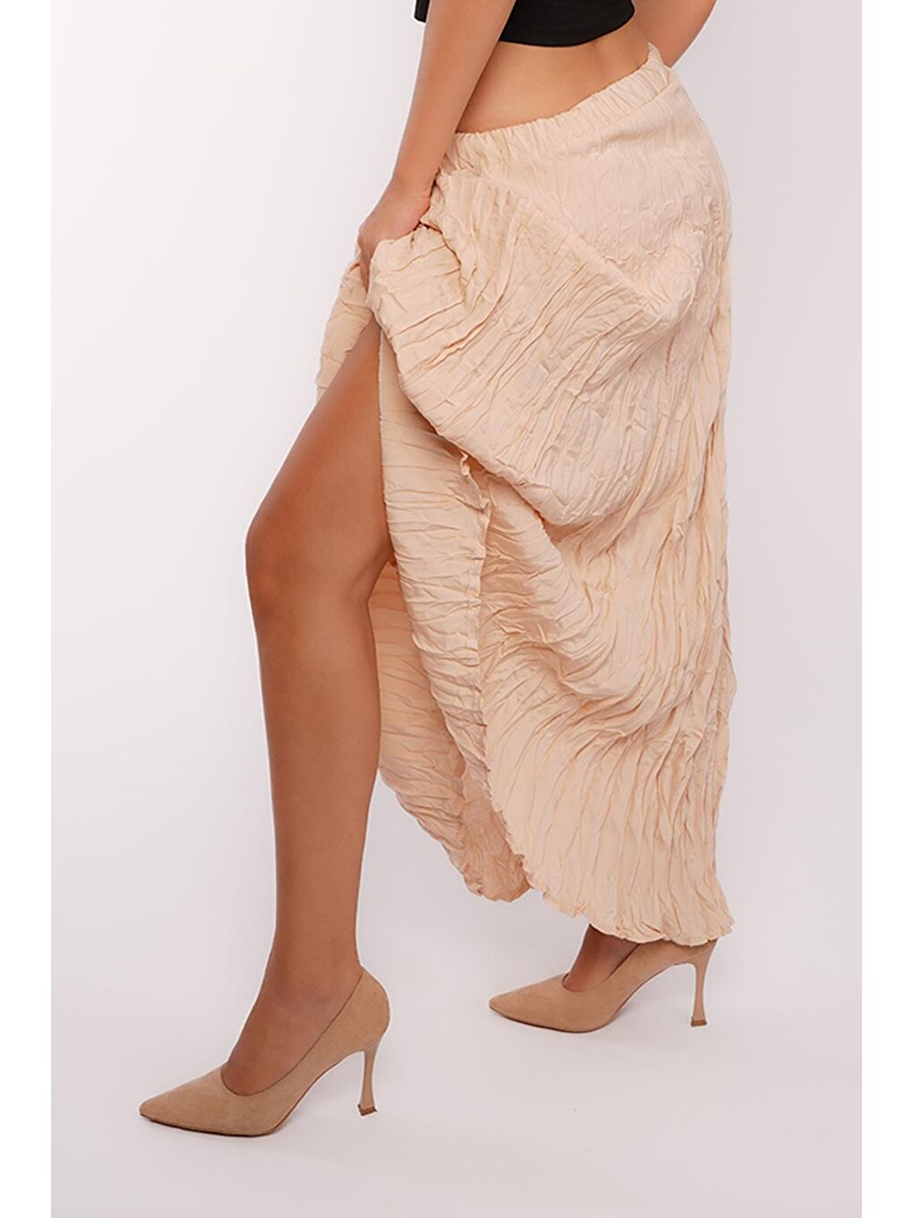 Bej Kırışık Desen Midi Boy Kadın Etek Mg2266-2