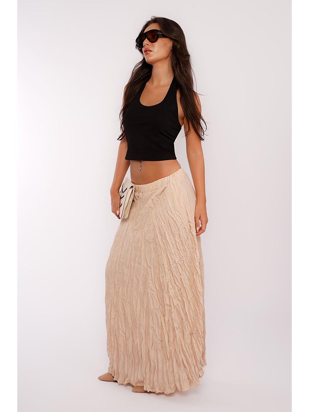 Bej Kırışık Desen Midi Boy Kadın Etek Mg2266-3