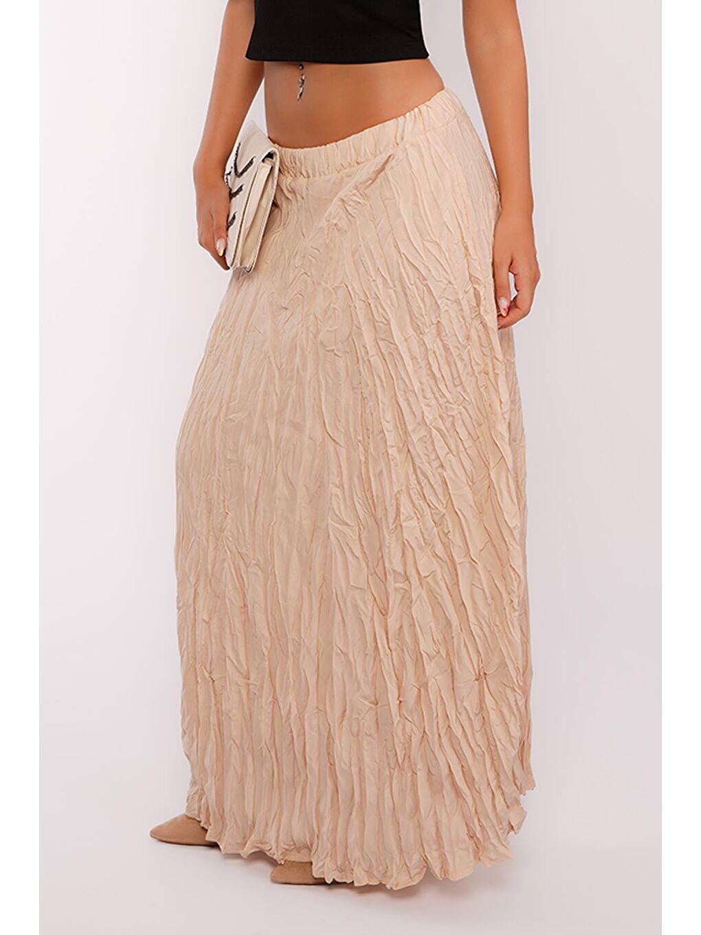 Bej Kırışık Desen Midi Boy Kadın Etek Mg2266-5