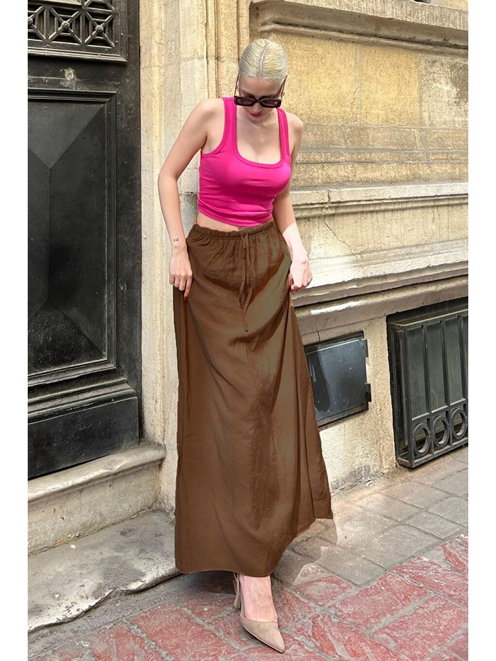 Kahverengi Beli Lastikli Uzun Kadın Etek Mg1979-1
