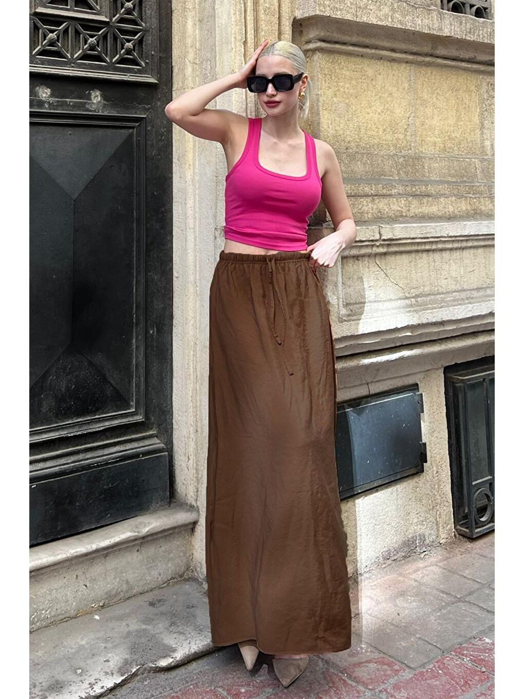 Kahverengi Beli Lastikli Uzun Kadın Etek Mg1979-2