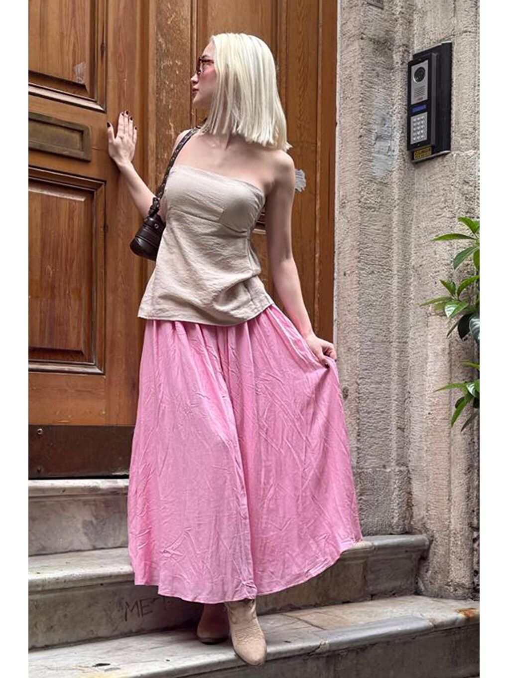 Pembe Vual Kumaş Basic Kadın Uzun Boy Kadın Etek Mg2366