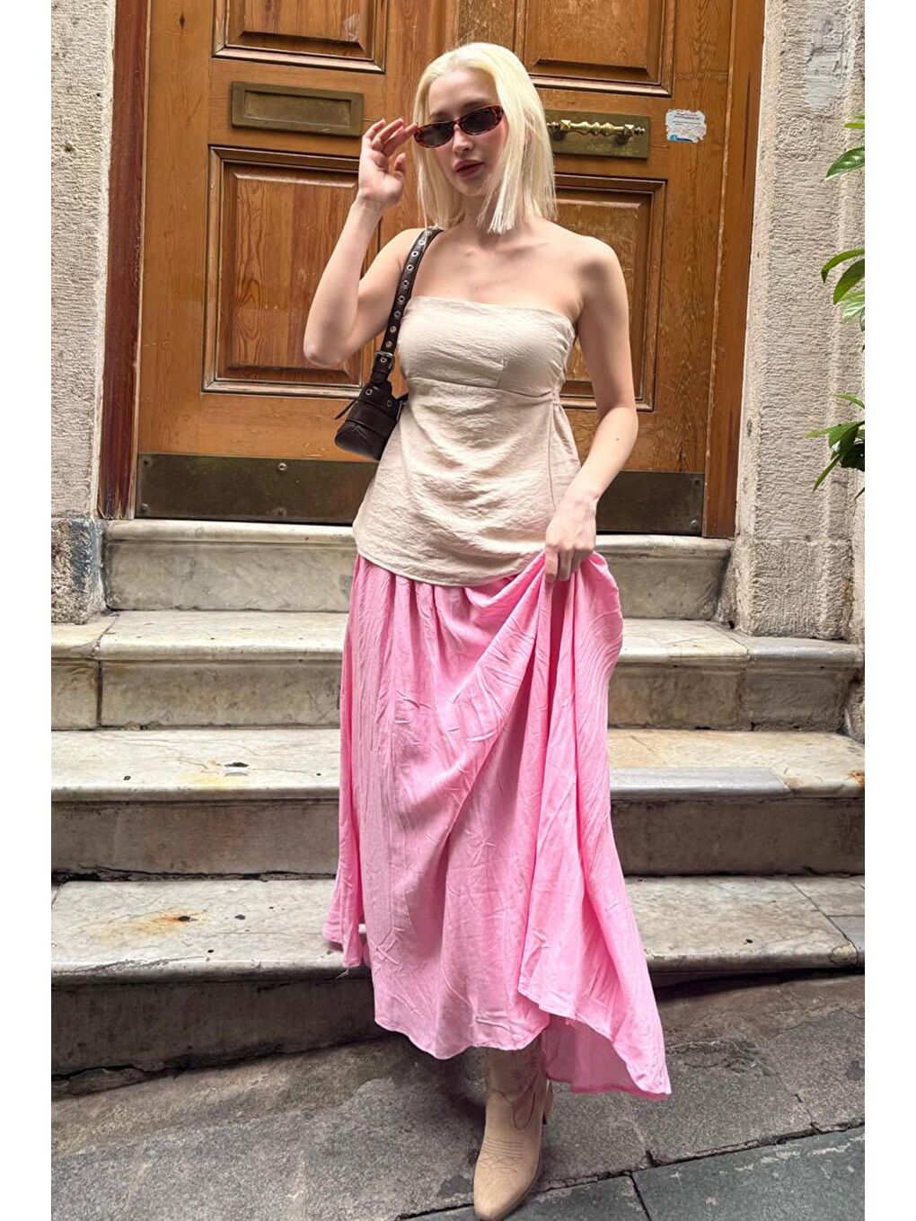 Pembe Vual Kumaş Basic Kadın Uzun Boy Kadın Etek Mg2366-1