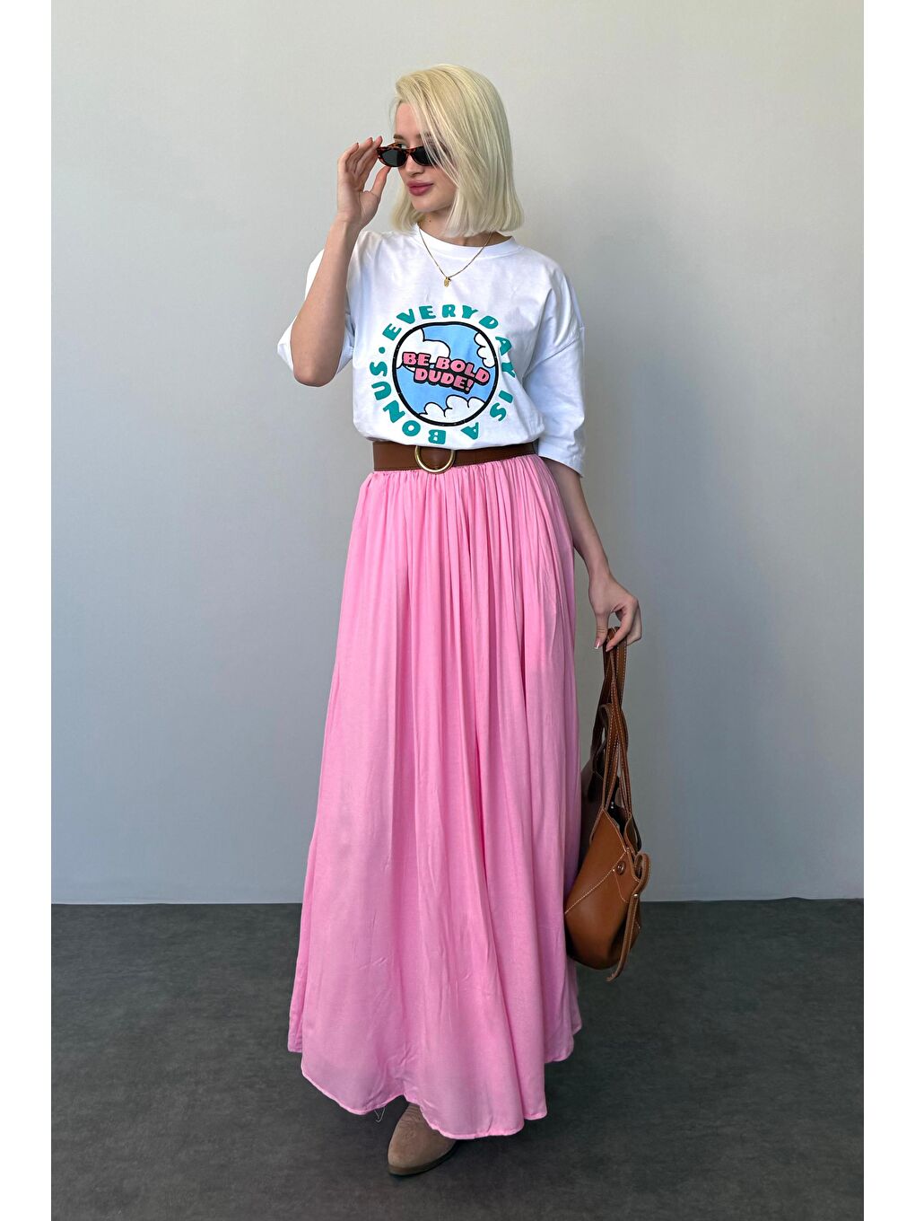 Pembe Vual Kumaş Basic Kadın Uzun Boy Kadın Etek Mg2366-3