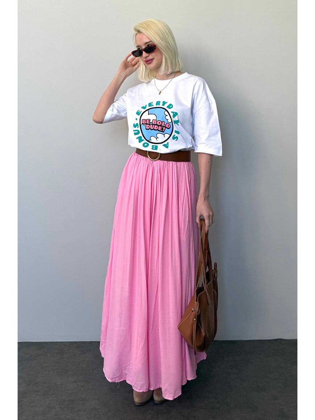 Pembe Vual Kumaş Basic Kadın Uzun Boy Kadın Etek Mg2366-4