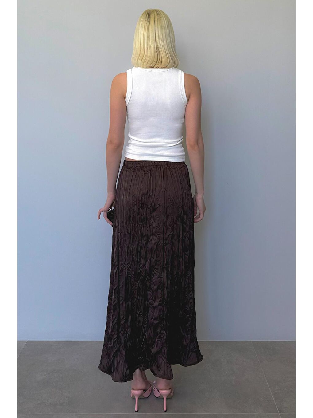 Kahverengi Kırışık Desen Kadın Saten Etek Mg2468-1