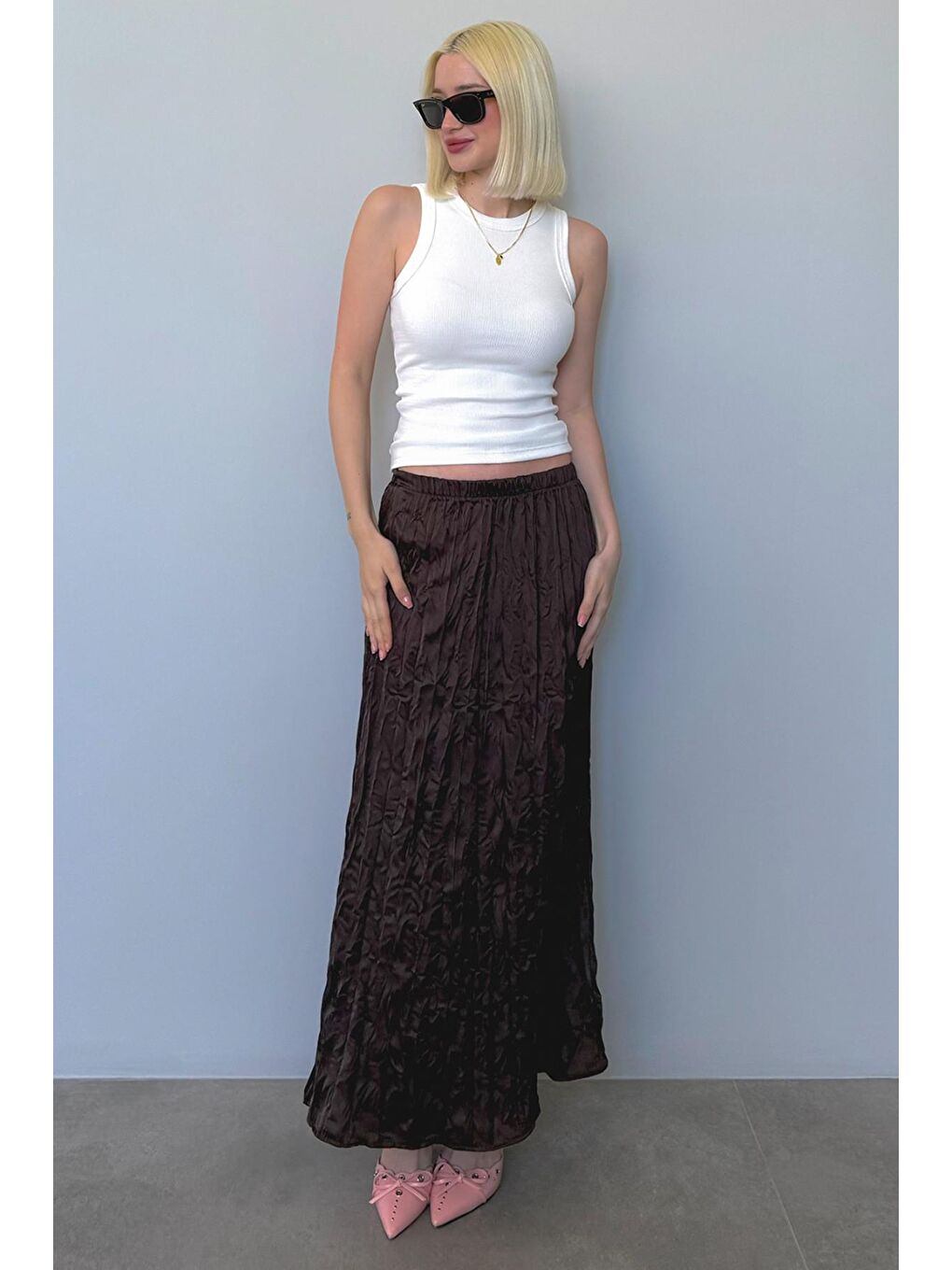 Kahverengi Kırışık Desen Kadın Saten Etek Mg2468-4