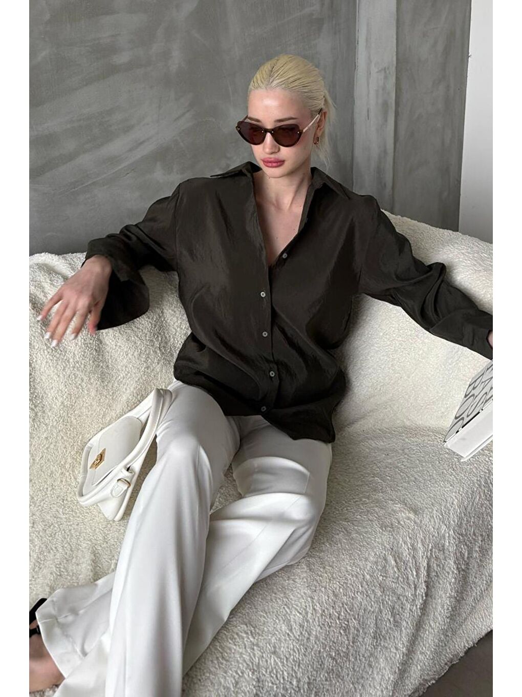 Haki Kırışık Desen Kadın Gömlek Mg2313