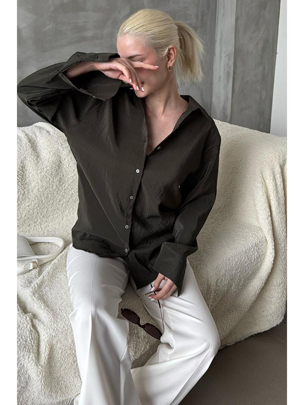 Haki Kırışık Desen Kadın Gömlek Mg2313-1