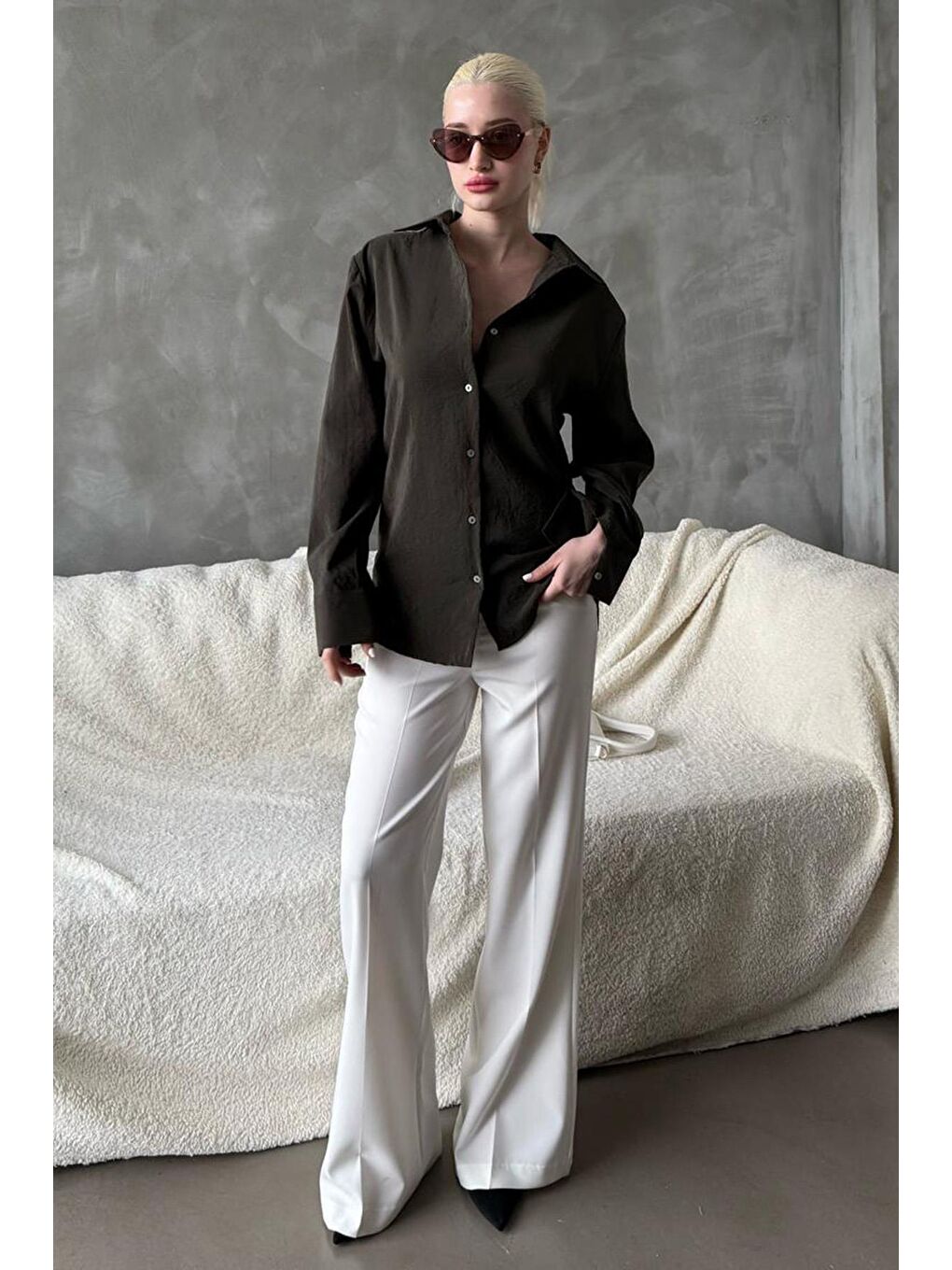 Haki Kırışık Desen Kadın Gömlek Mg2313-2