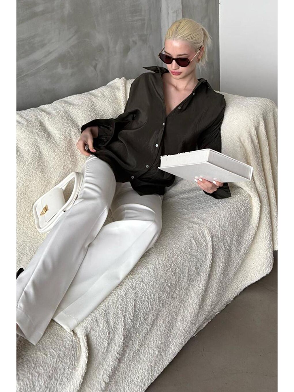 Haki Kırışık Desen Kadın Gömlek Mg2313-3