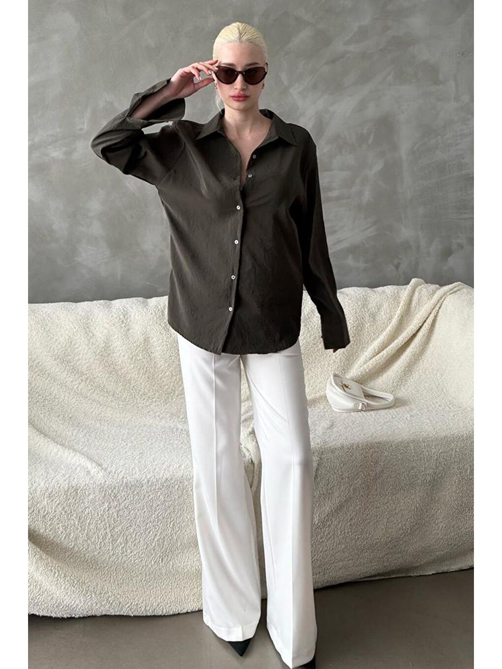 Haki Kırışık Desen Kadın Gömlek Mg2313-4