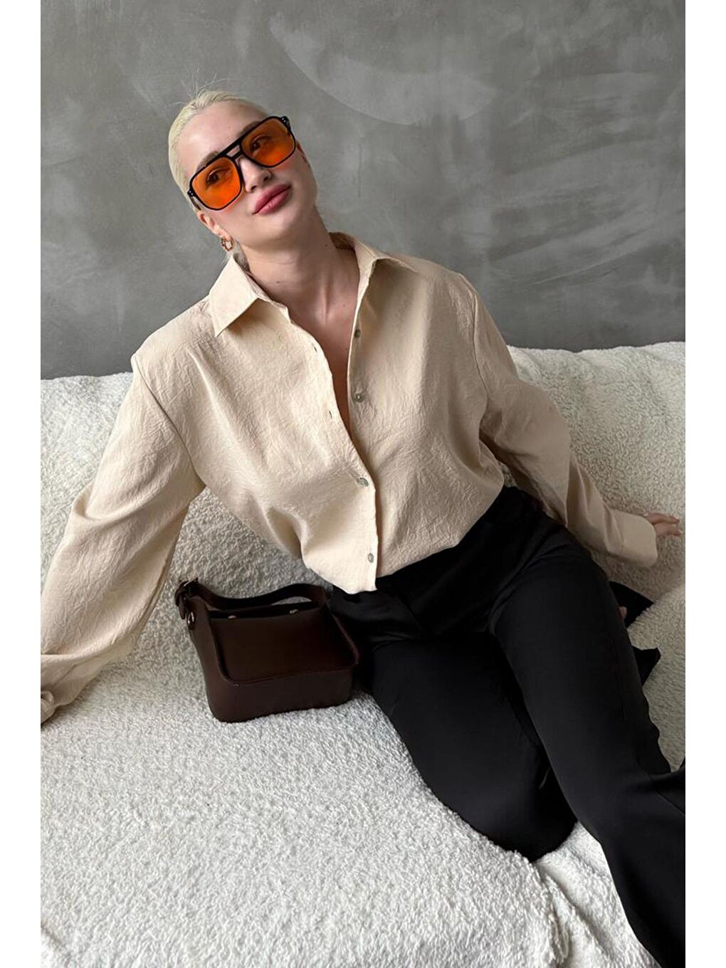 Bej Kırışık Desen Kadın Gömlek Mg2313-1