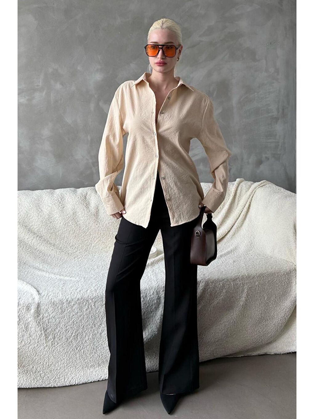 Bej Kırışık Desen Kadın Gömlek Mg2313-2