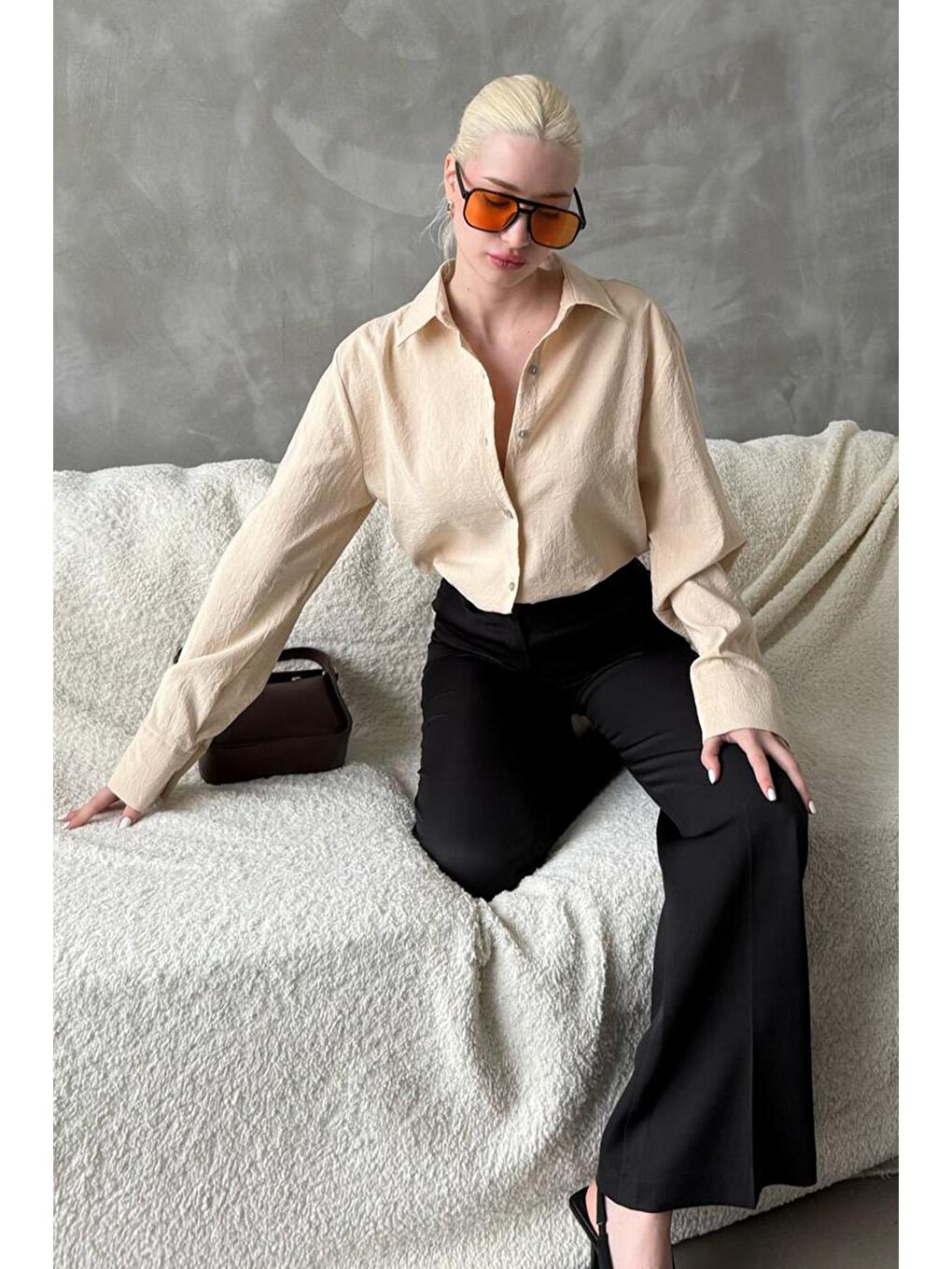 Bej Kırışık Desen Kadın Gömlek Mg2313-3