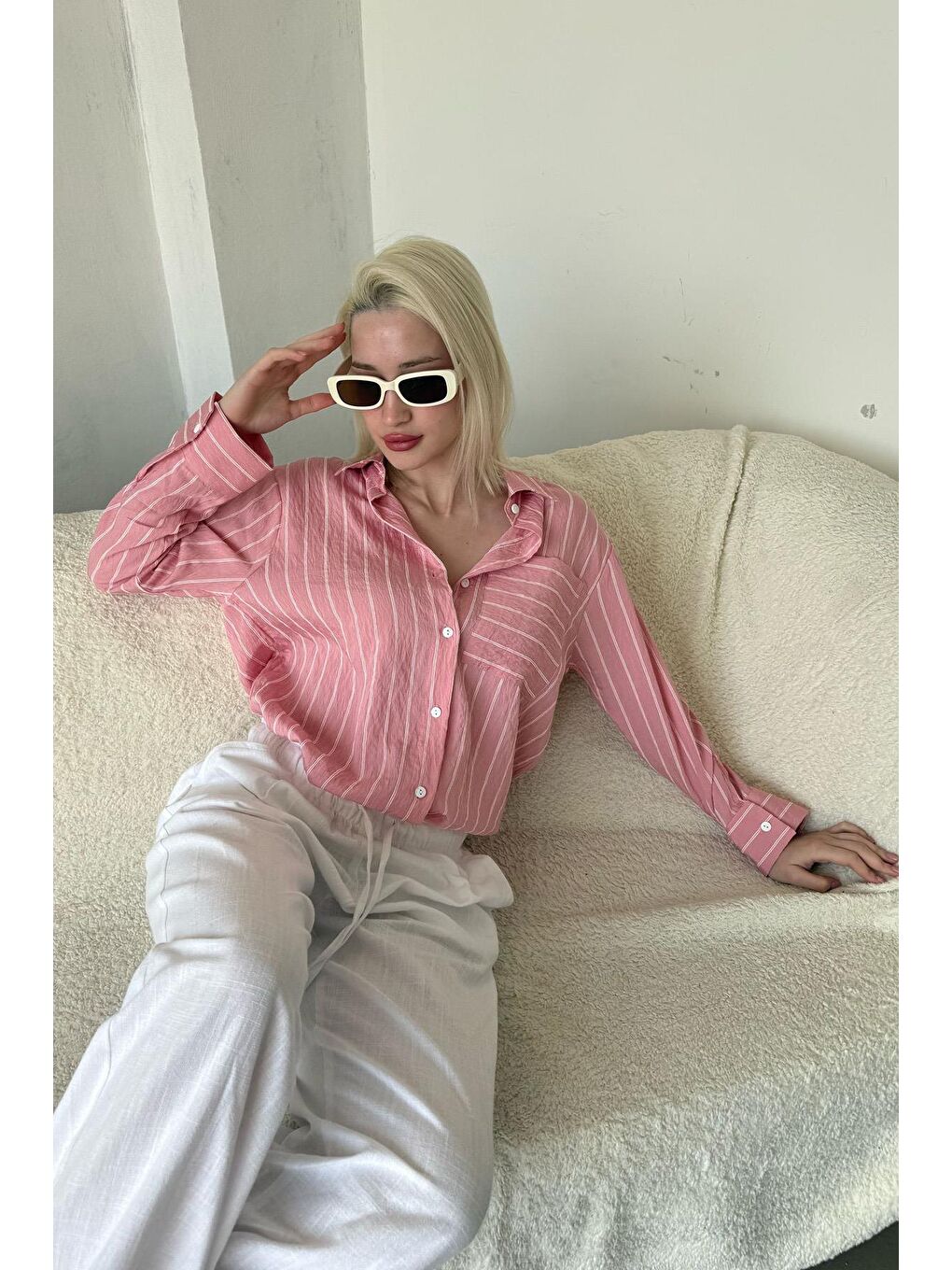 Pembe Çizgili Cepli Kadın Gömlek Mg2345-2