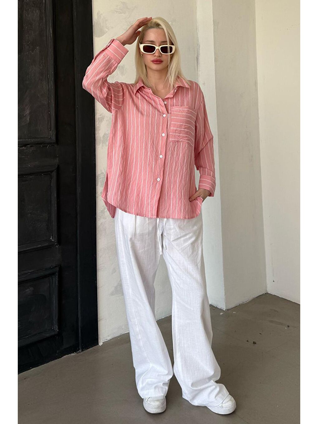 Pembe Çizgili Cepli Kadın Gömlek Mg2345-4