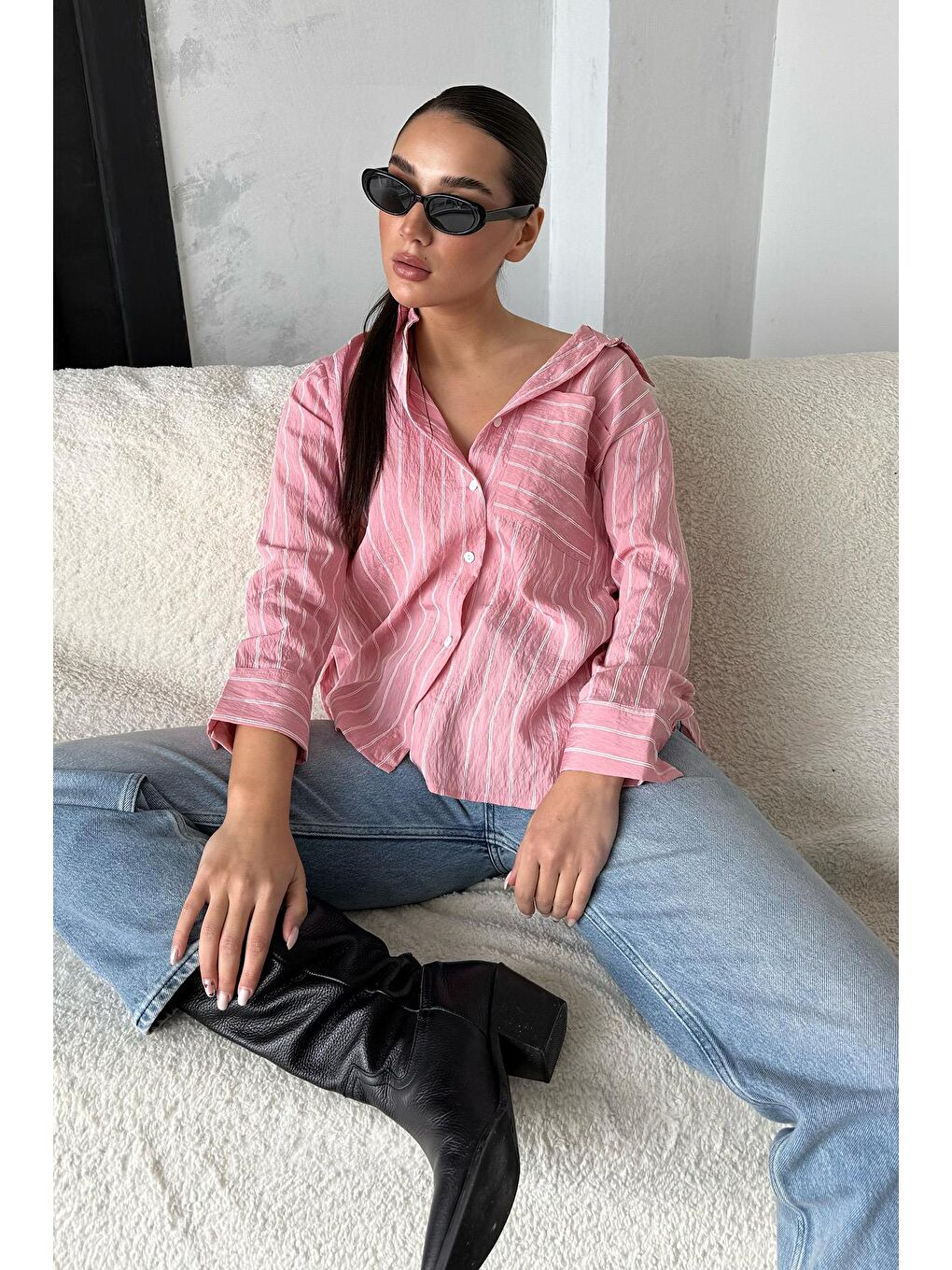 Pembe Çizgili Cepli Kadın Gömlek Mg2345-5