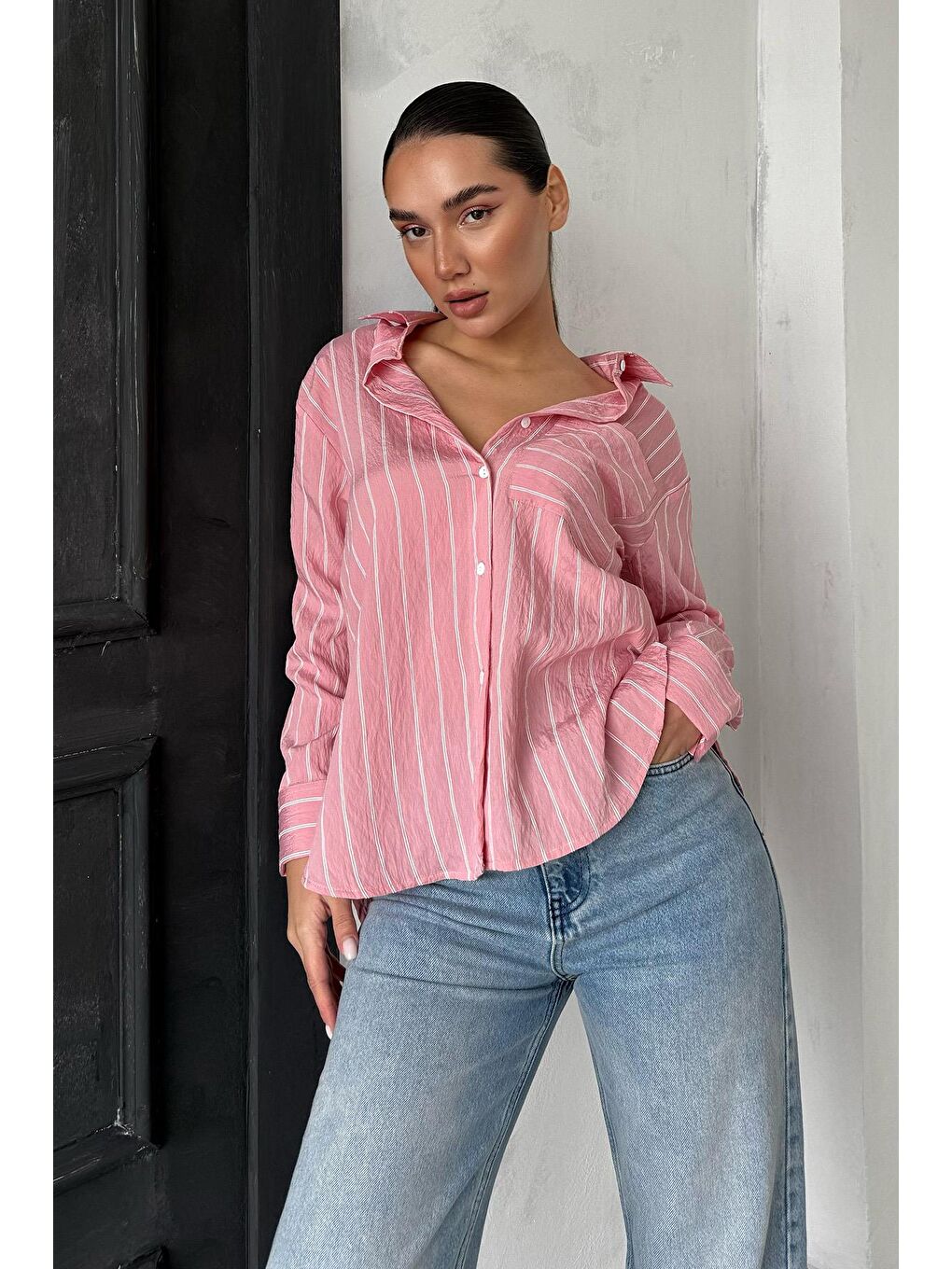 Pembe Çizgili Cepli Kadın Gömlek Mg2345-6
