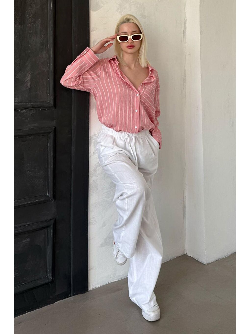 Pembe Çizgili Cepli Kadın Gömlek Mg2345-7