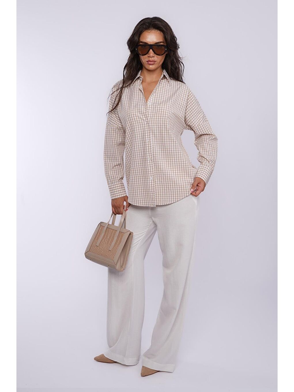 Bej Pötikareli Uzun Kollu Kadın Gömlek Mg2386-1