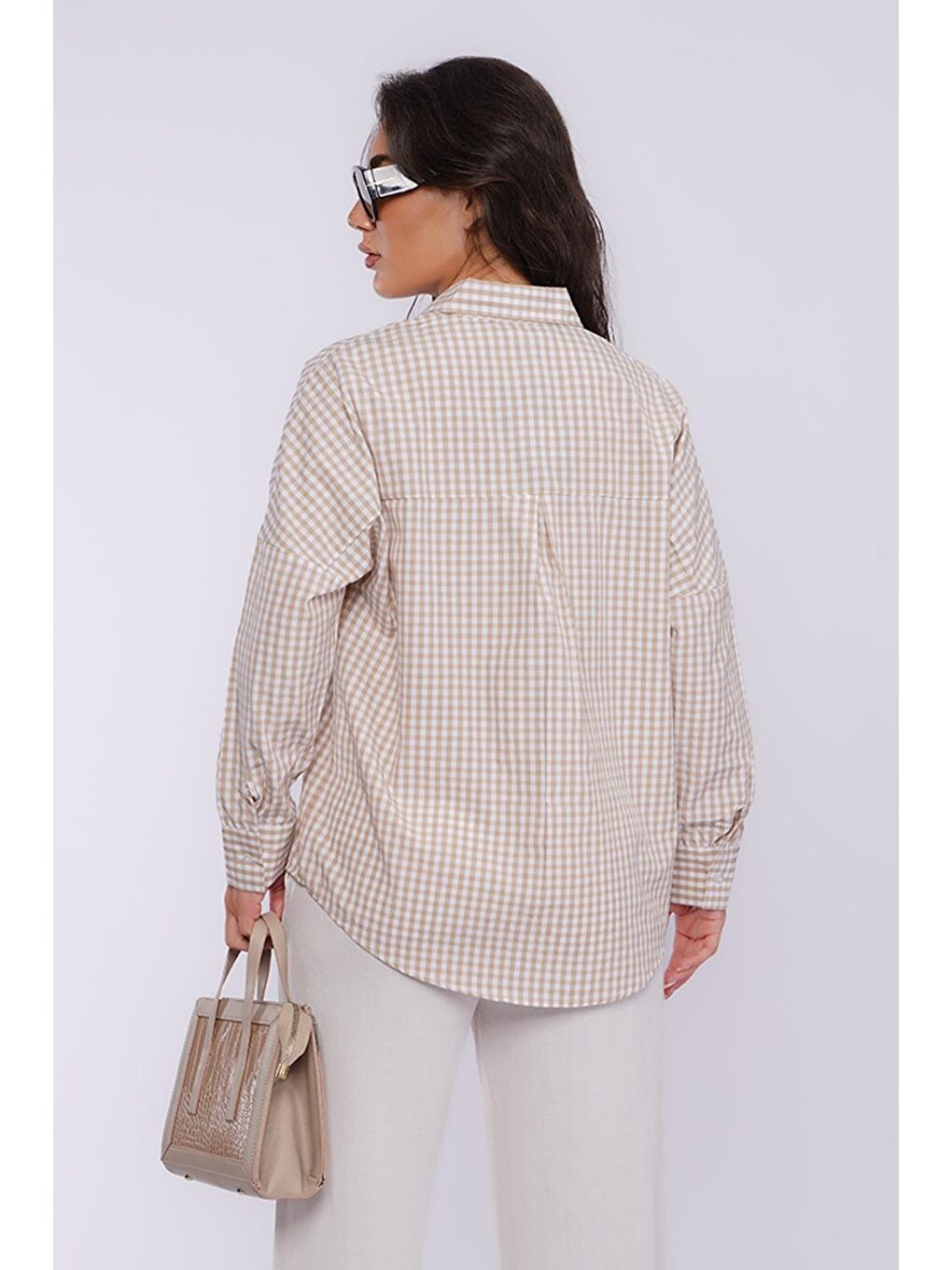 Bej Pötikareli Uzun Kollu Kadın Gömlek Mg2386-2