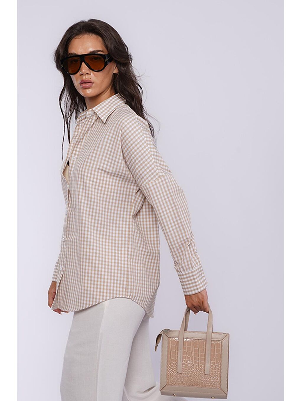 Bej Pötikareli Uzun Kollu Kadın Gömlek Mg2386-3