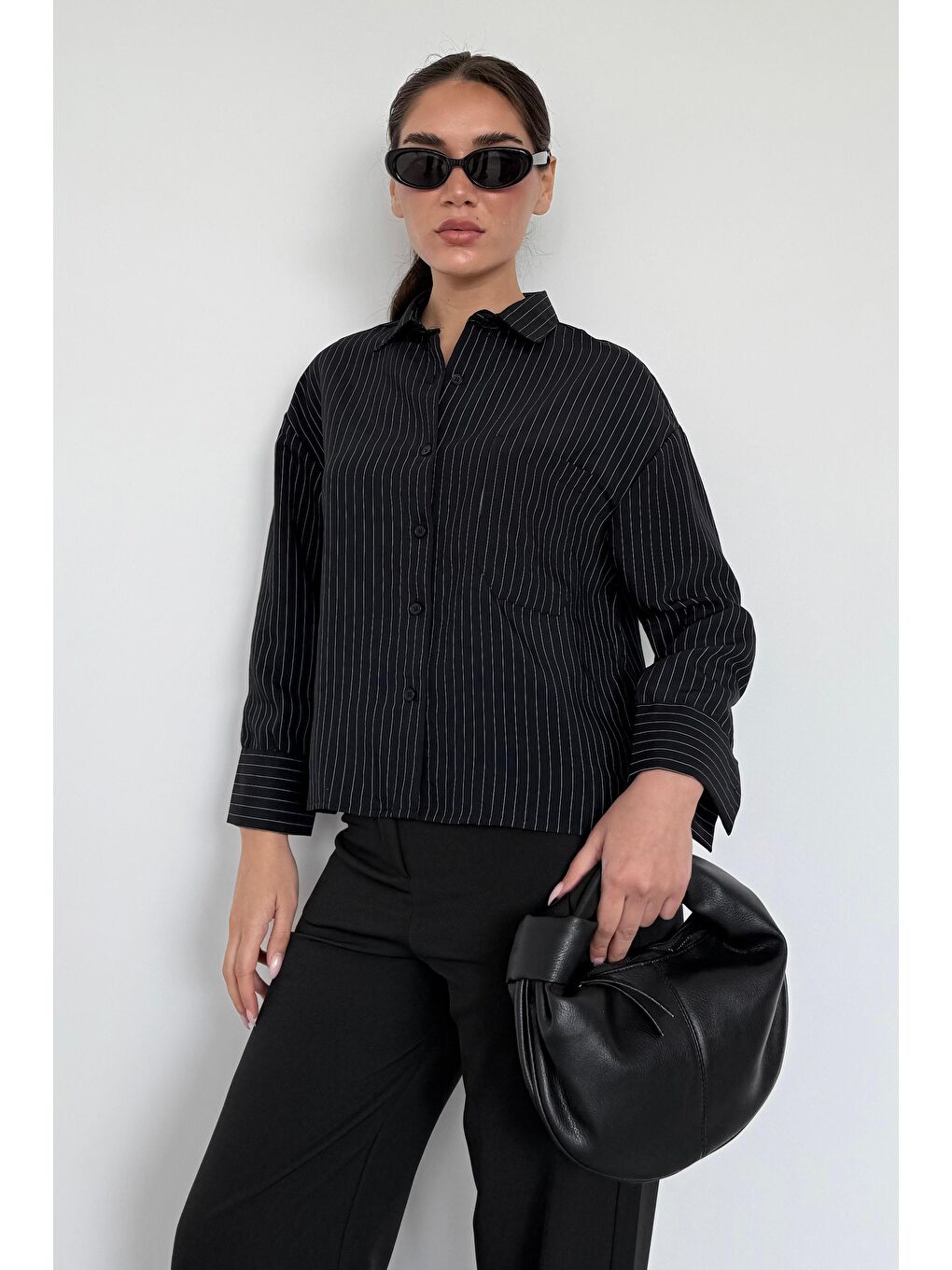 Siyah Çizgili Oversize Kadın Gömlek Mg2093